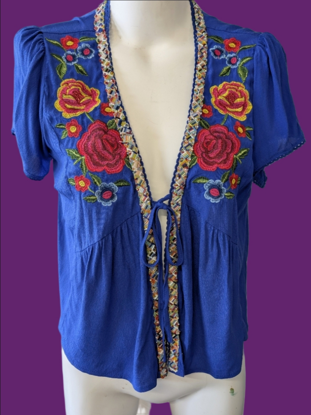 Blue Embroidered Short Sleeve Floral Beaded Tie-Front Crop Boloro Style Top